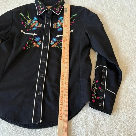 Scully Floral Embroidered Rhinestone Western Snap Front Shirt Women's M Black - Picture 9 of 13